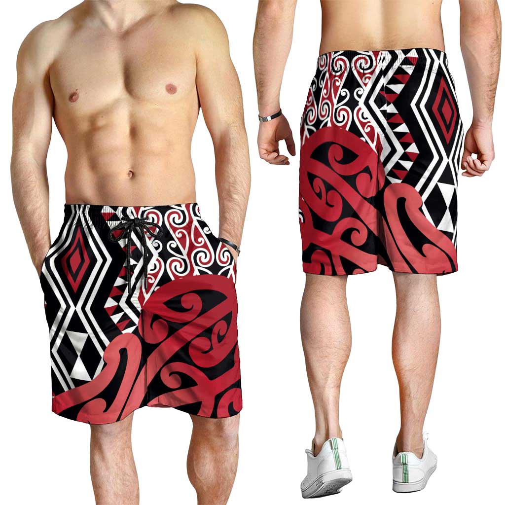 Red New Zealand Shorts for Men Aotearoa Kowhaiwhai Mix Taniko Art
