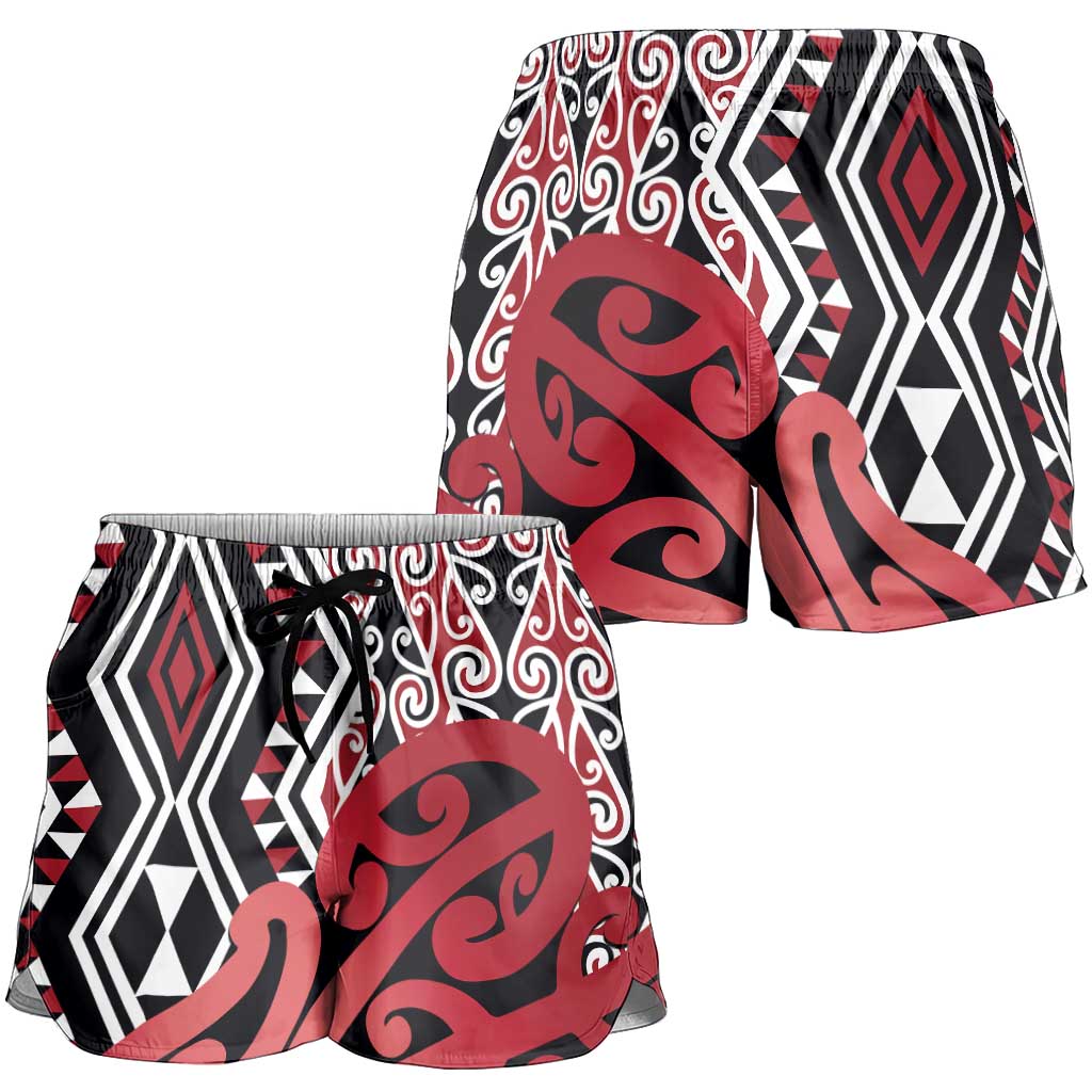 Red New Zealand Shorts for Women Aotearoa Kowhaiwhai Mix Taniko Art