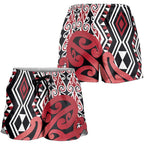 Red New Zealand Shorts for Women Aotearoa Kowhaiwhai Mix Taniko Art