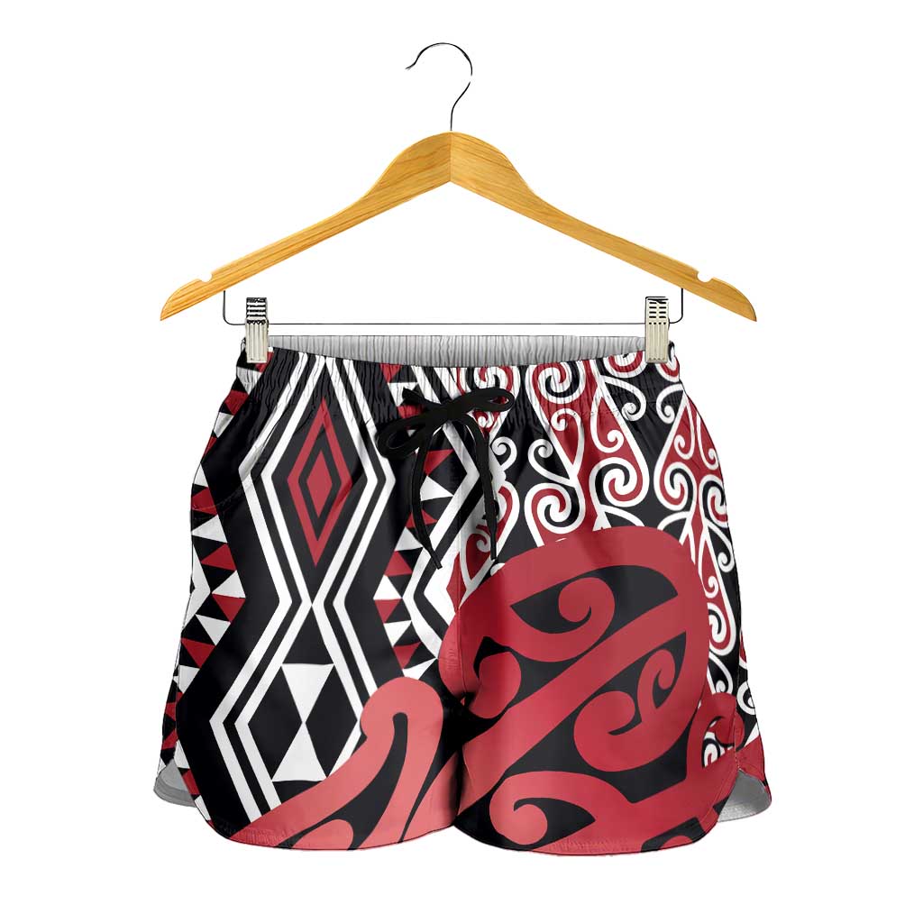 Red New Zealand Shorts for Women Aotearoa Kowhaiwhai Mix Taniko Art