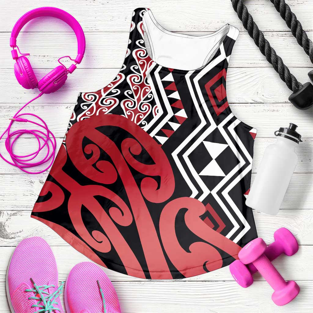 Red New Zealand Women Racerback Tank Aotearoa Kowhaiwhai Mix Taniko Art