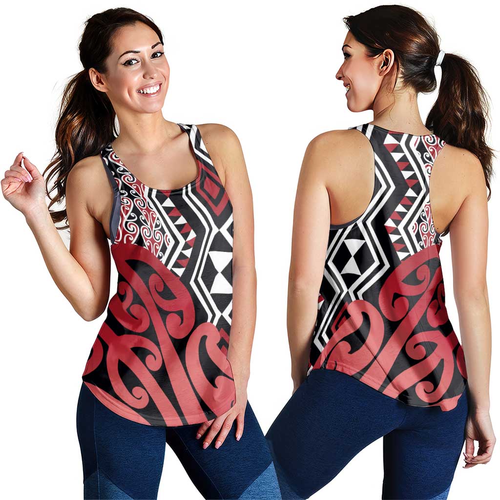 Red New Zealand Women Racerback Tank Aotearoa Kowhaiwhai Mix Taniko Art
