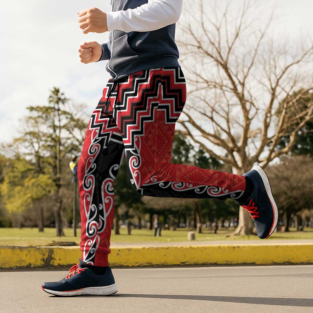Red Niho Taniwha Mix Poutama Jogger Pants Unique Taniko Aotearoa - Aussie Hoodie