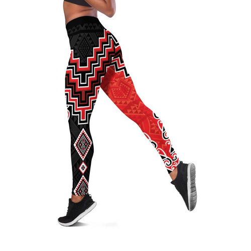 Red Niho Taniwha Mix Poutama Leggings Unique Taniko Aotearoa - Aussie Hoodie