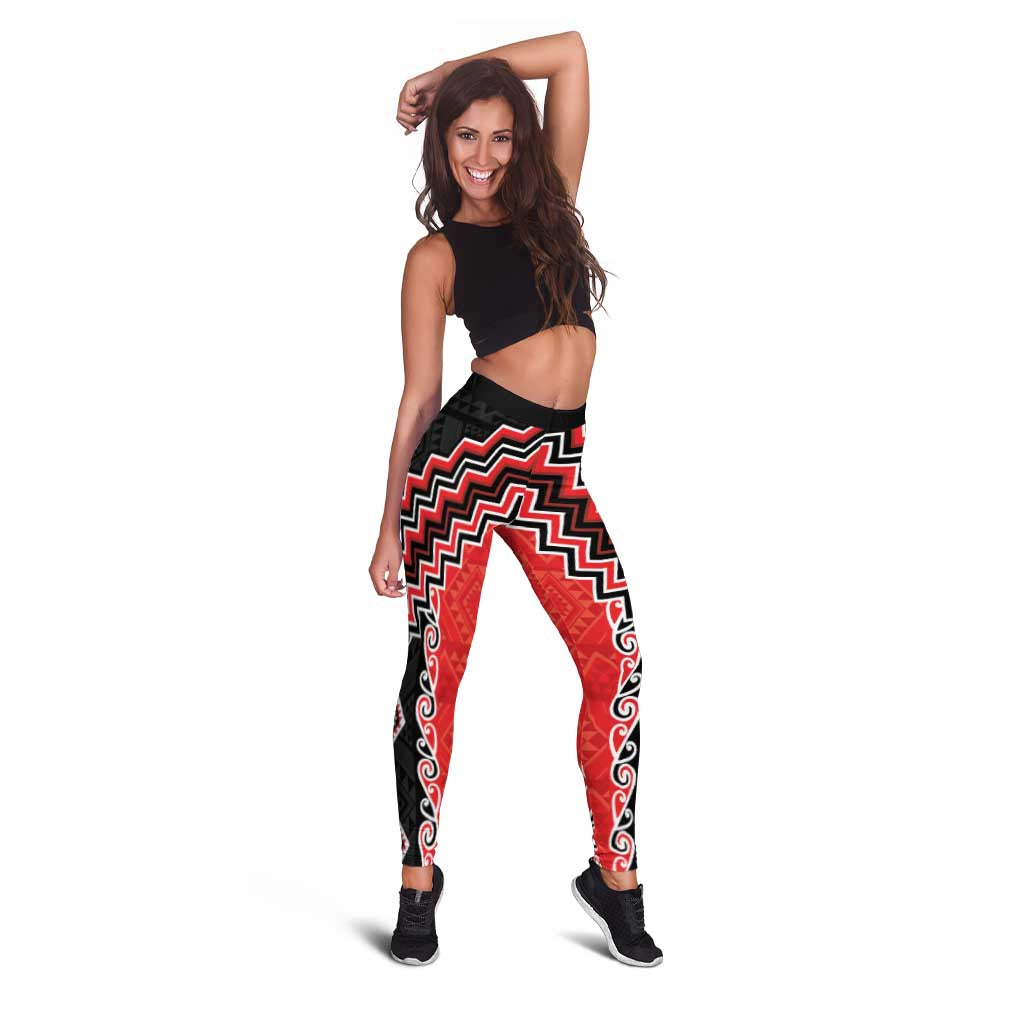Red Niho Taniwha Mix Poutama Leggings Unique Taniko Aotearoa - Aussie Hoodie
