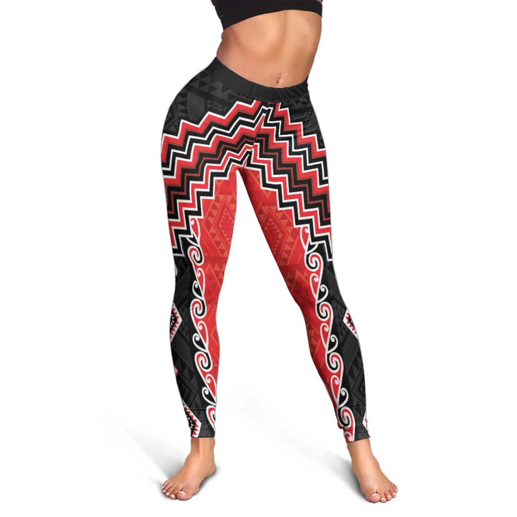 Red Niho Taniwha Mix Poutama Leggings Unique Taniko Aotearoa - Aussie Hoodie