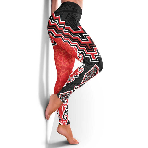 Red Niho Taniwha Mix Poutama Leggings Unique Taniko Aotearoa - Aussie Hoodie