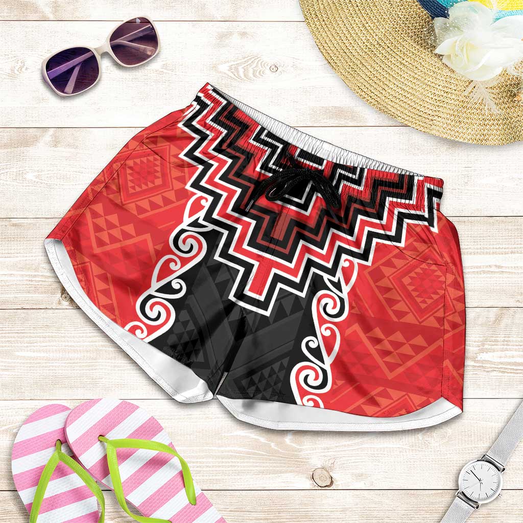 Red Niho Taniwha Mix Poutama Shorts for Women Unique Taniko Aotearoa - Aussie Hoodie