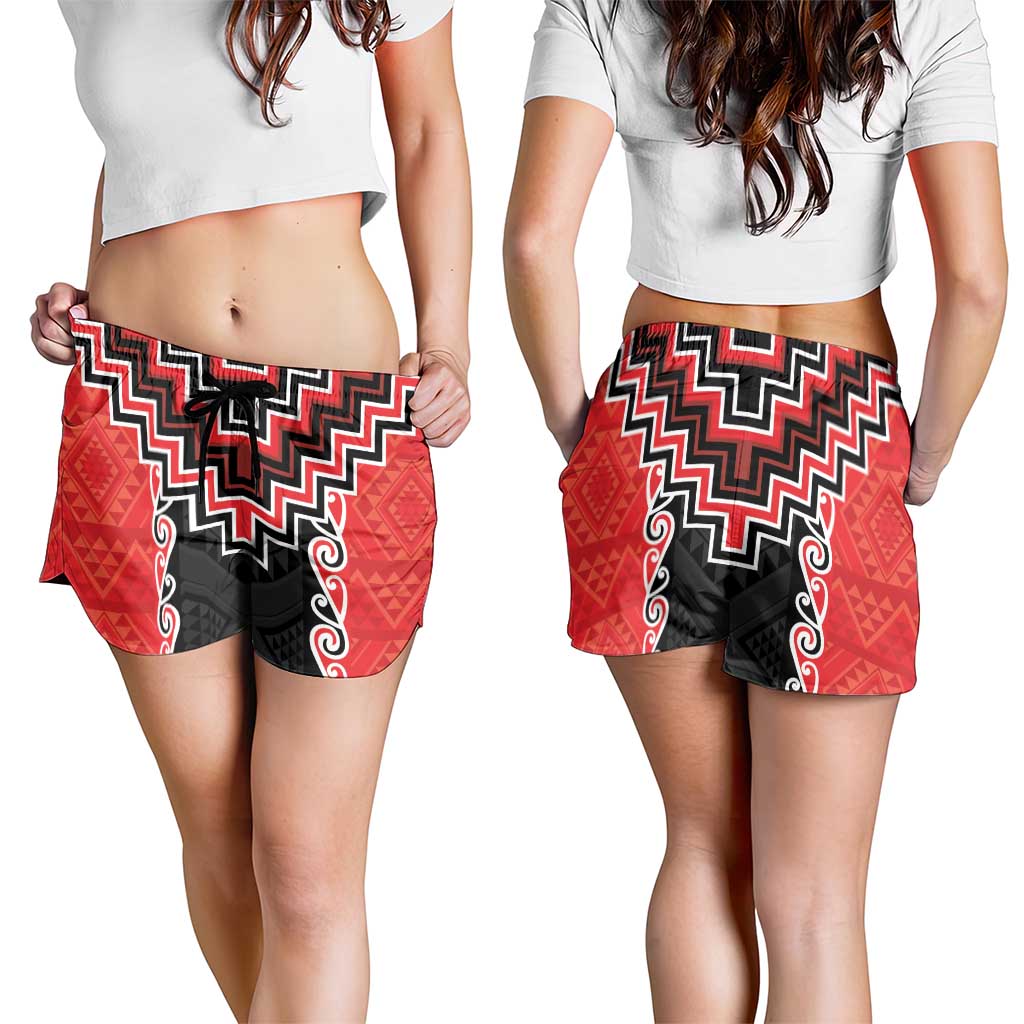 Red Niho Taniwha Mix Poutama Shorts for Women Unique Taniko Aotearoa - Aussie Hoodie