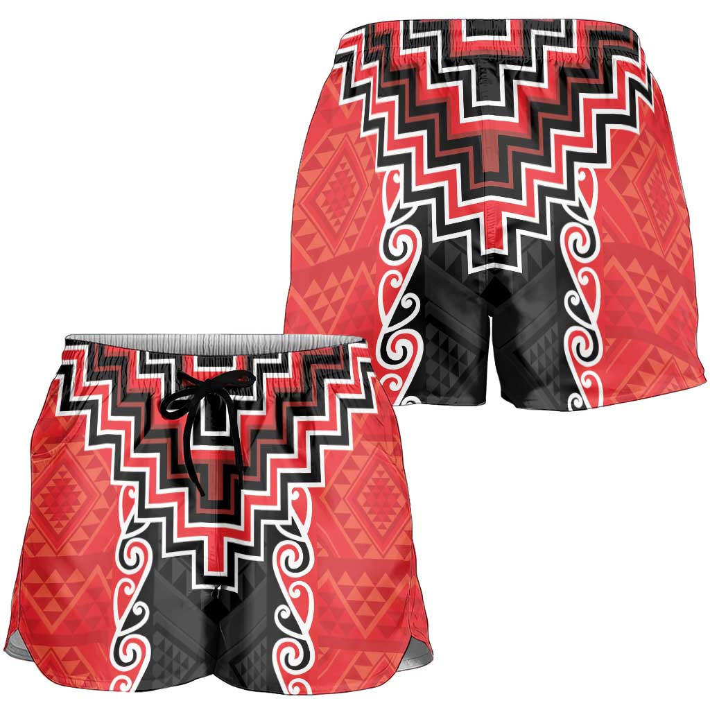 Red Niho Taniwha Mix Poutama Shorts for Women Unique Taniko Aotearoa - Aussie Hoodie