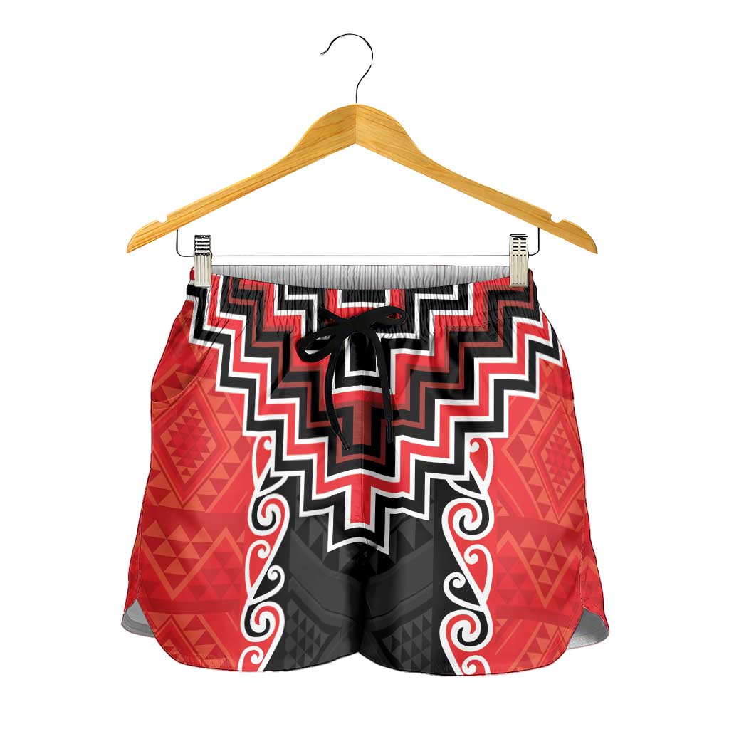 Red Niho Taniwha Mix Poutama Shorts for Women Unique Taniko Aotearoa - Aussie Hoodie