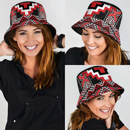 Red Taniko Aotearoa Bucket Hat Niho Taniwha Mix Poutama LT14