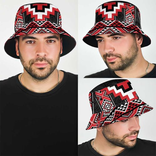 Red Taniko Aotearoa Bucket Hat Niho Taniwha Mix Poutama LT14