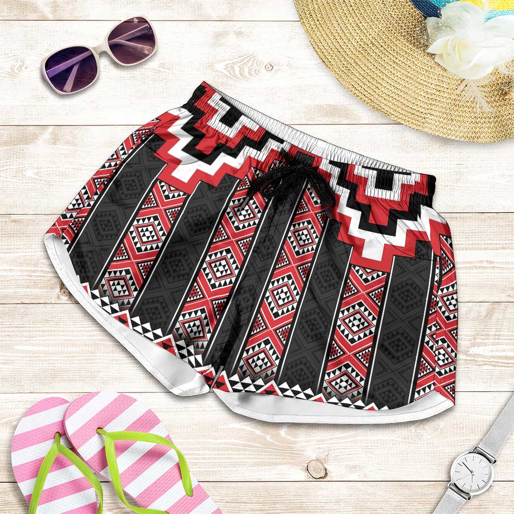 Red Taniko Aotearoa Shorts for Women Niho Taniwha Mix Poutama