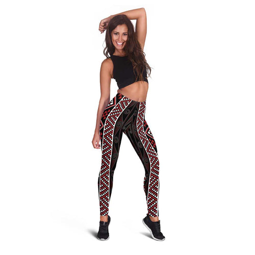 Red Tukutuku Pattern Aotearoa Leggings Niho Taniwha and Puhoro Motifs LT7