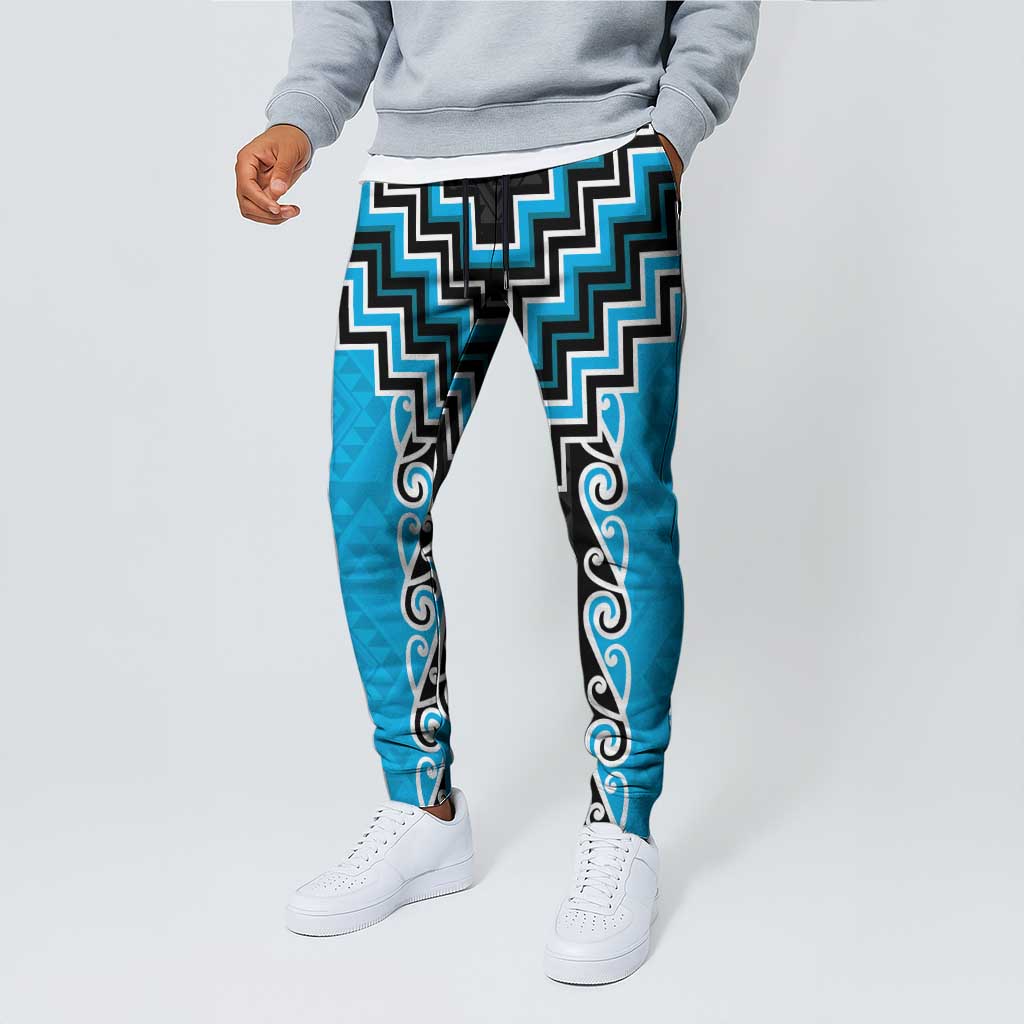 Sky Blue Niho Taniwha Mix Poutama Jogger Pants Unique Taniko Aotearoa - Aussie Hoodie