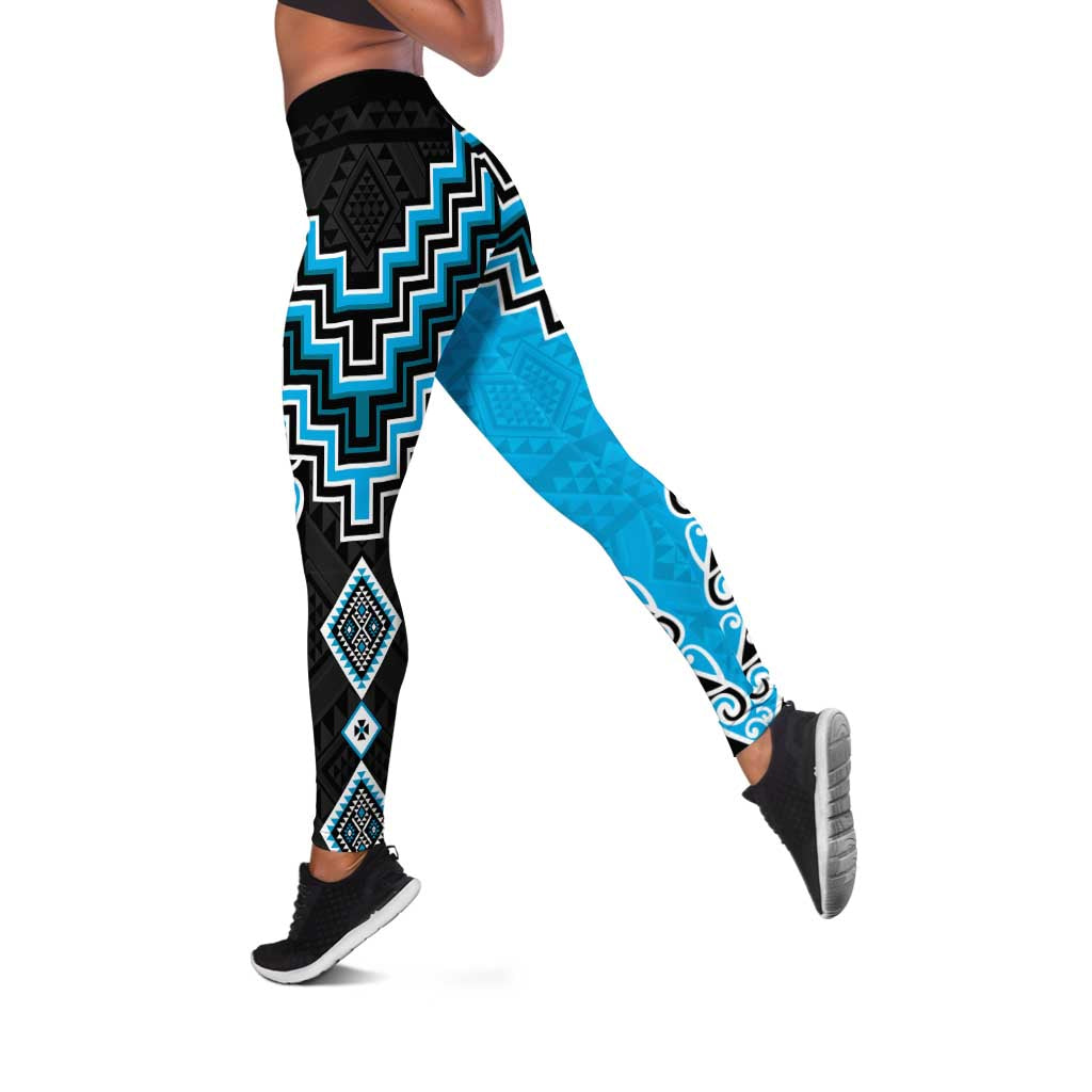 Sky Blue Niho Taniwha Mix Poutama Leggings Unique Taniko Aotearoa - Aussie Hoodie
