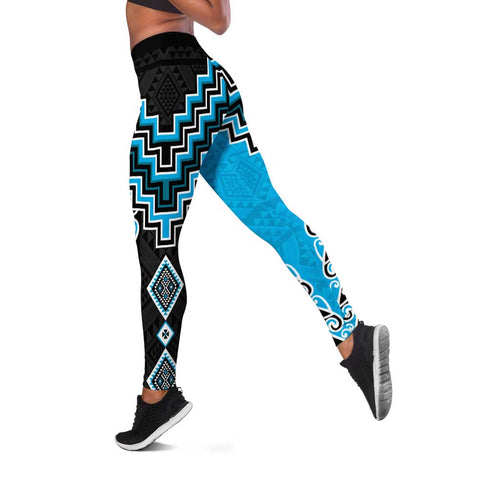 Sky Blue Niho Taniwha Mix Poutama Leggings Unique Taniko Aotearoa - Aussie Hoodie