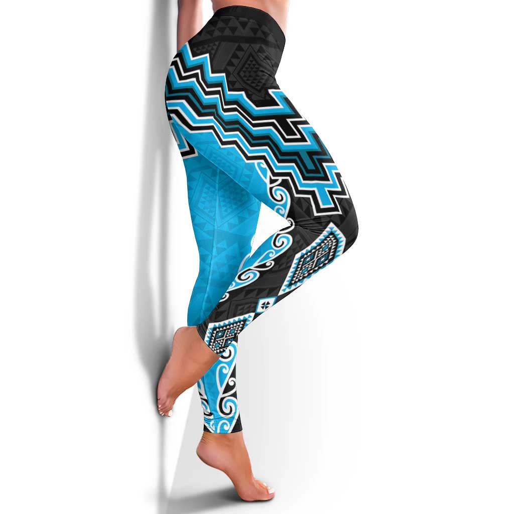 Sky Blue Niho Taniwha Mix Poutama Leggings Unique Taniko Aotearoa - Aussie Hoodie