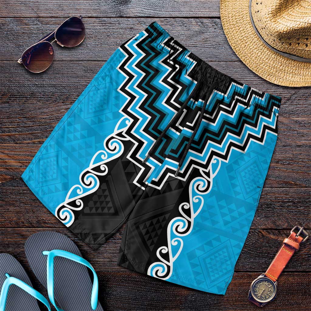 Sky Blue Niho Taniwha Mix Poutama Shorts for Men Unique Taniko Aotearoa - Aussie Hoodie