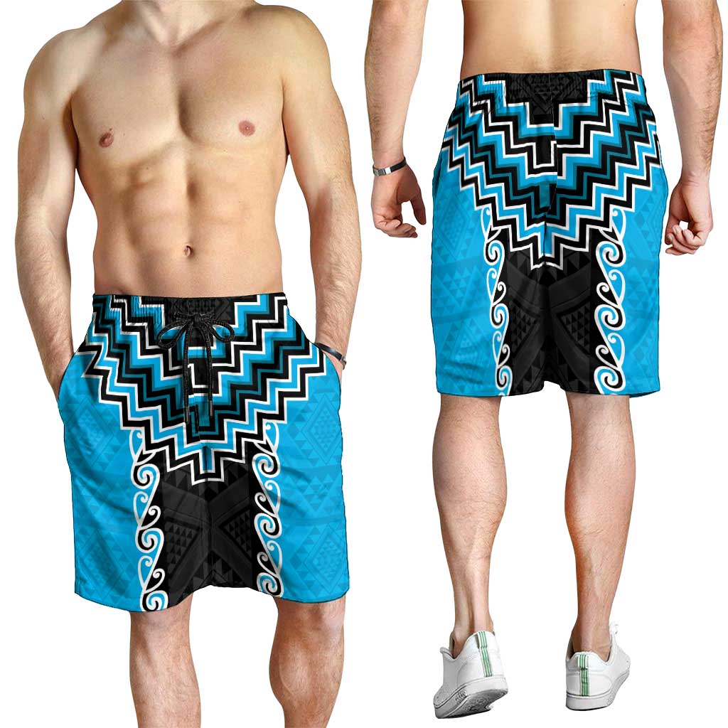 Sky Blue Niho Taniwha Mix Poutama Shorts for Men Unique Taniko Aotearoa - Aussie Hoodie