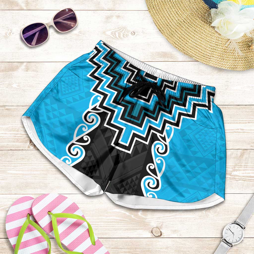 Sky Blue Niho Taniwha Mix Poutama Shorts for Women Unique Taniko Aotearoa - Aussie Hoodie