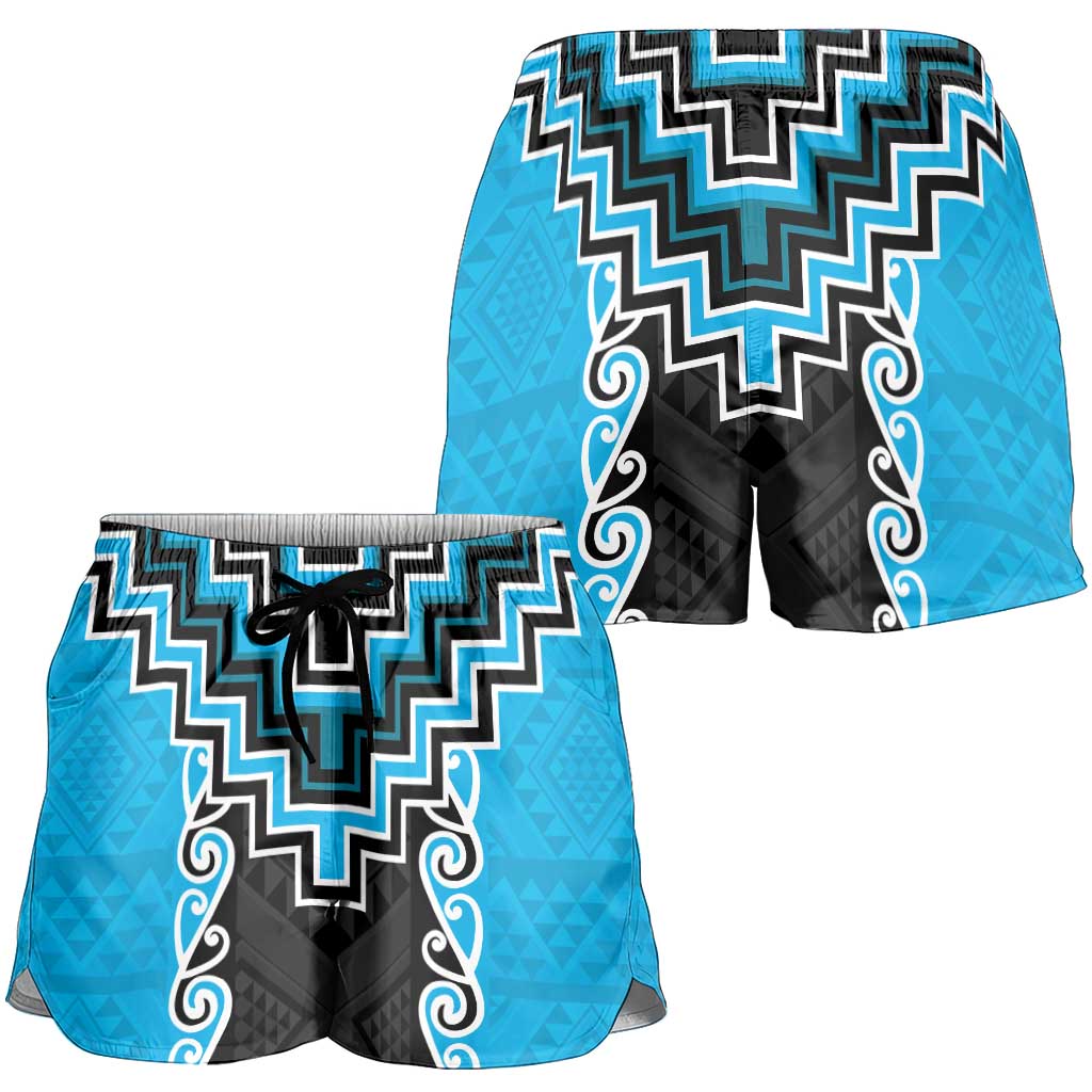 Sky Blue Niho Taniwha Mix Poutama Shorts for Women Unique Taniko Aotearoa - Aussie Hoodie