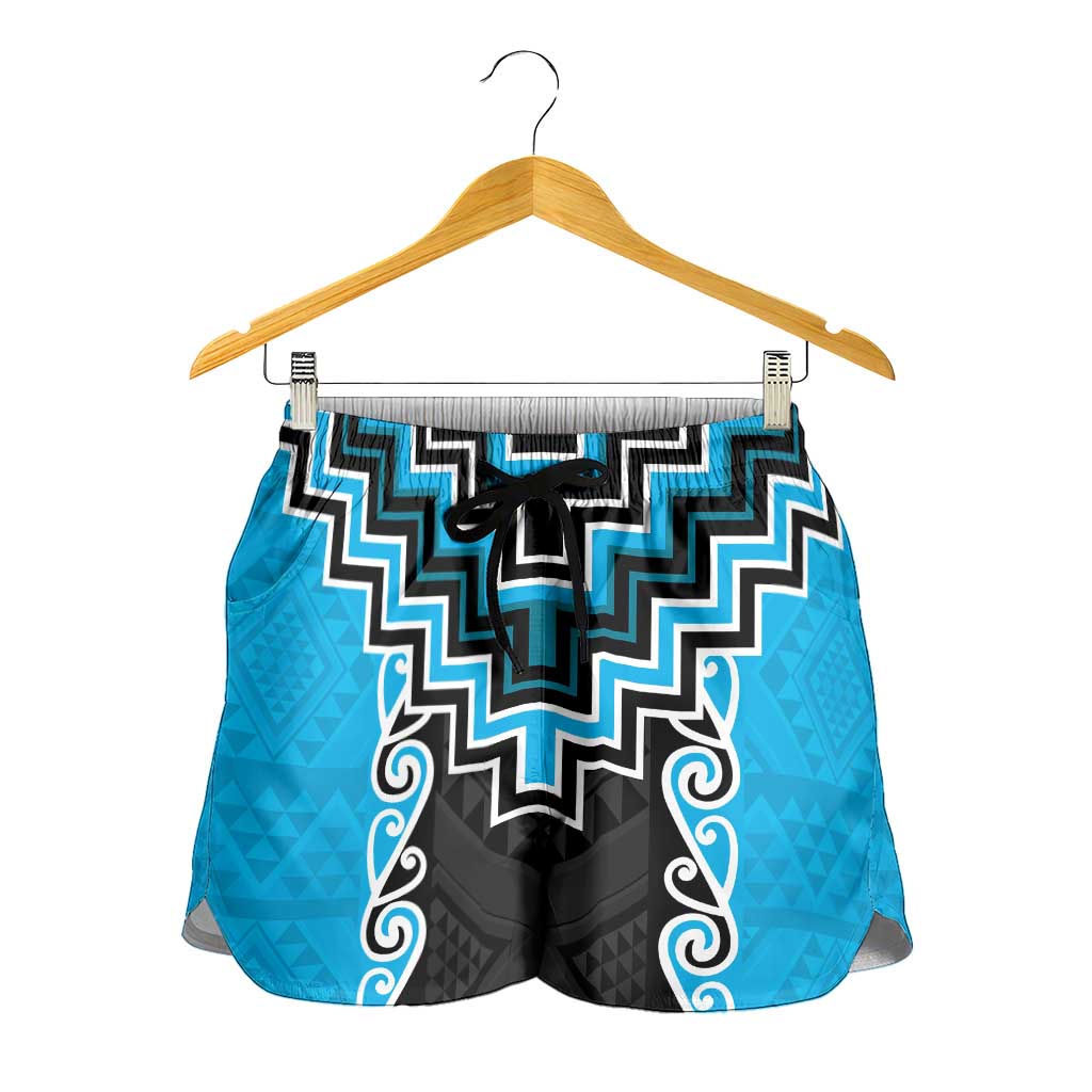 Sky Blue Niho Taniwha Mix Poutama Shorts for Women Unique Taniko Aotearoa - Aussie Hoodie