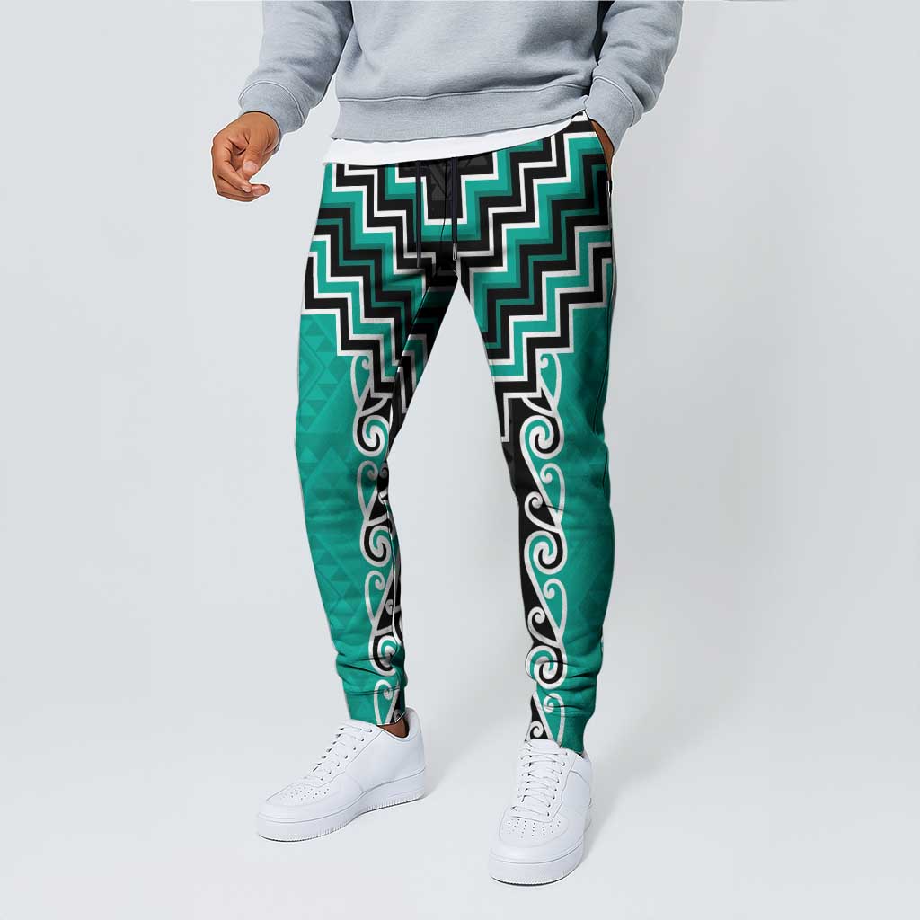 Teal Niho Taniwha Mix Poutama Jogger Pants Unique Taniko Aotearoa - Aussie Hoodie