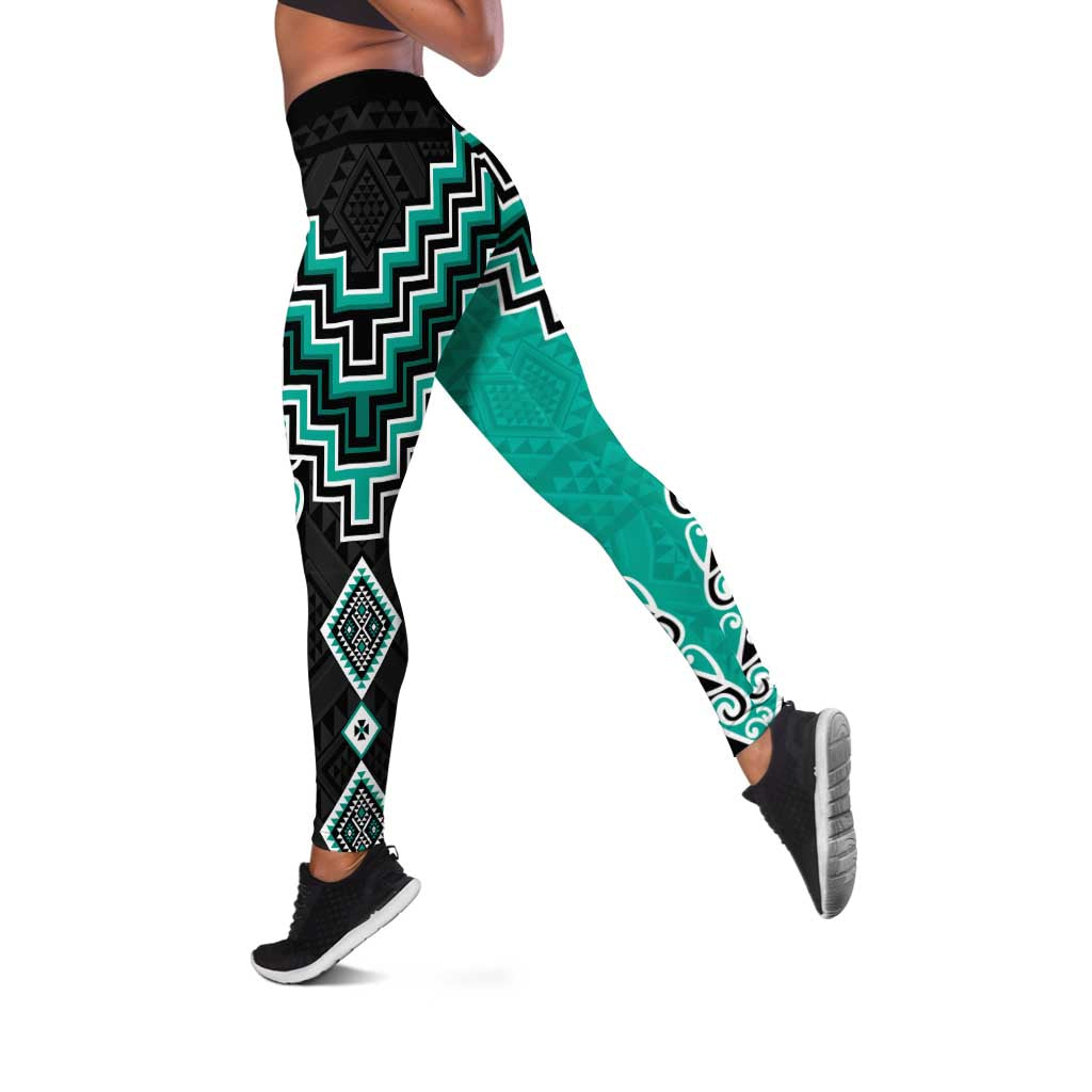 Teal Niho Taniwha Mix Poutama Leggings Unique Taniko Aotearoa - Aussie Hoodie