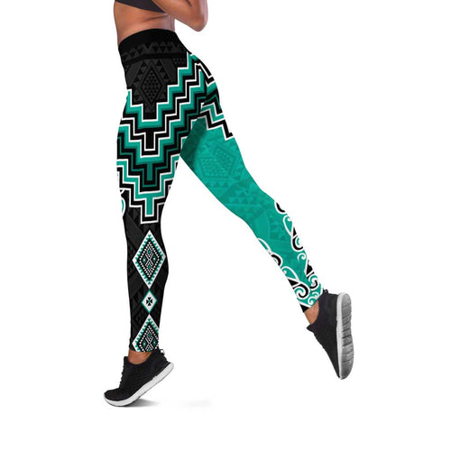 Teal Niho Taniwha Mix Poutama Leggings Unique Taniko Aotearoa - Aussie Hoodie