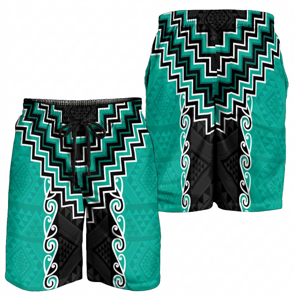 Teal Niho Taniwha Mix Poutama Shorts for Men Unique Taniko Aotearoa - Aussie Hoodie