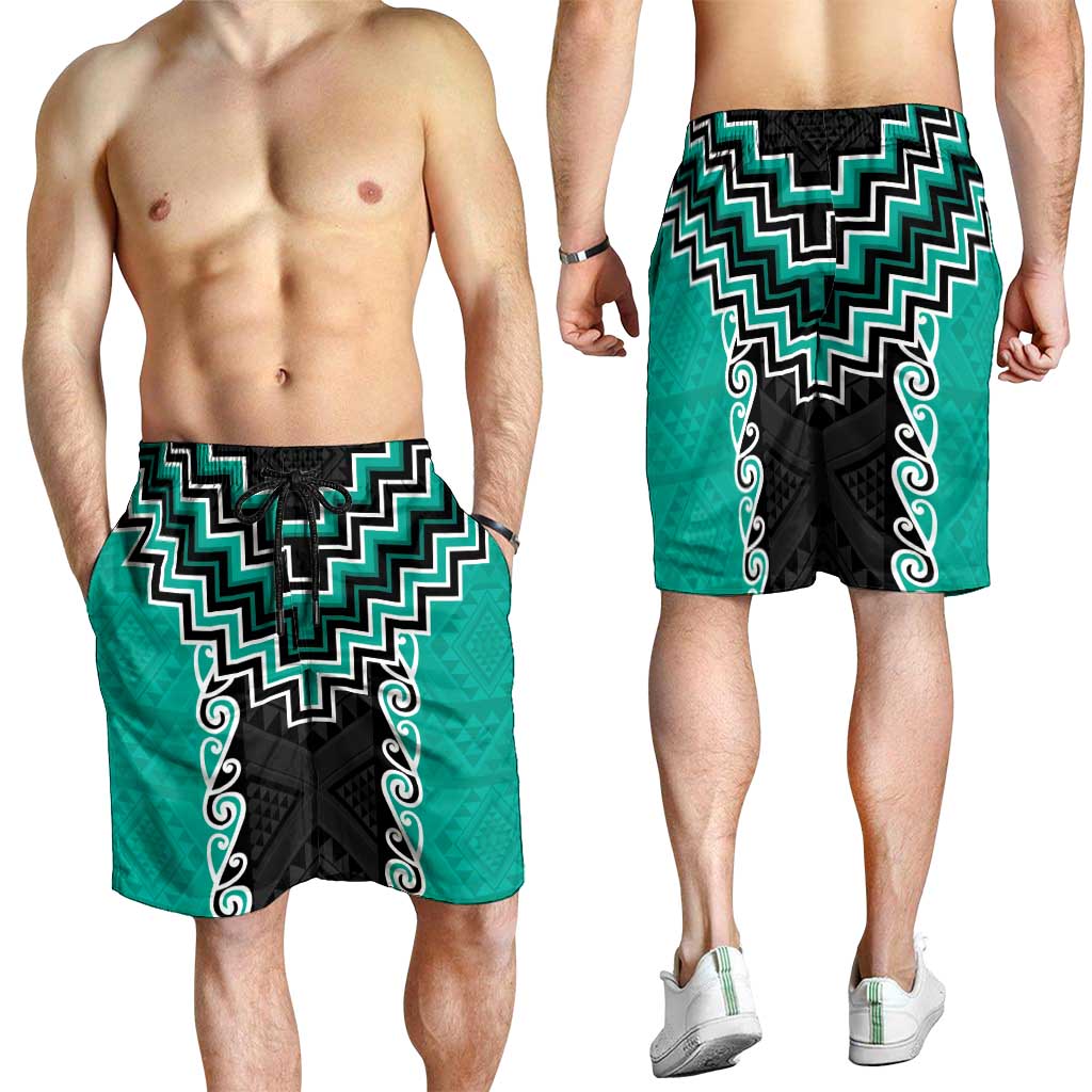 Teal Niho Taniwha Mix Poutama Shorts for Men Unique Taniko Aotearoa - Aussie Hoodie