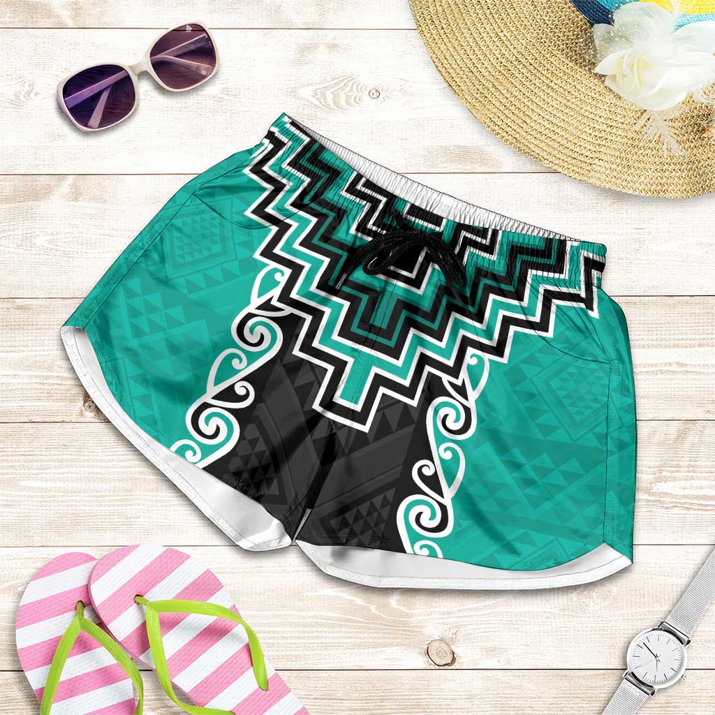 Teal Niho Taniwha Mix Poutama Shorts for Women Unique Taniko Aotearoa - Aussie Hoodie