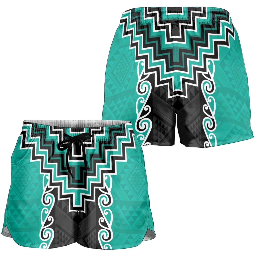 Teal Niho Taniwha Mix Poutama Shorts for Women Unique Taniko Aotearoa - Aussie Hoodie