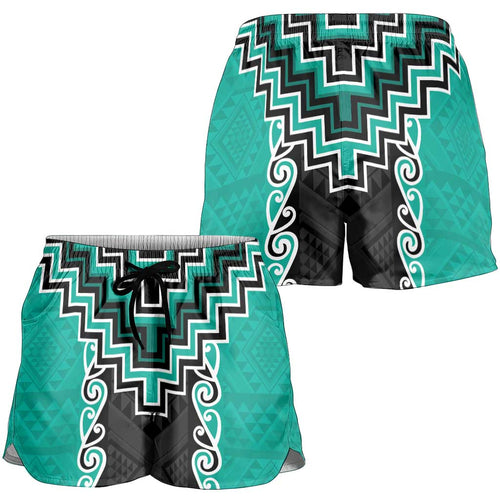 Teal Niho Taniwha Mix Poutama Shorts for Women Unique Taniko Aotearoa - Aussie Hoodie