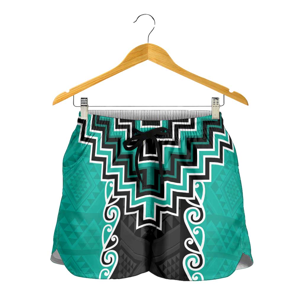 Teal Niho Taniwha Mix Poutama Shorts for Women Unique Taniko Aotearoa - Aussie Hoodie