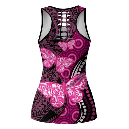 Think Pink Breast Cancer Awareness Australia Hollow Tank Top Butterfly Aboriginal Mix Polynesian Pattern - Aussie Hoodie