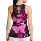 Think Pink Breast Cancer Awareness Australia Hollow Tank Top Butterfly Aboriginal Mix Polynesian Pattern - Aussie Hoodie