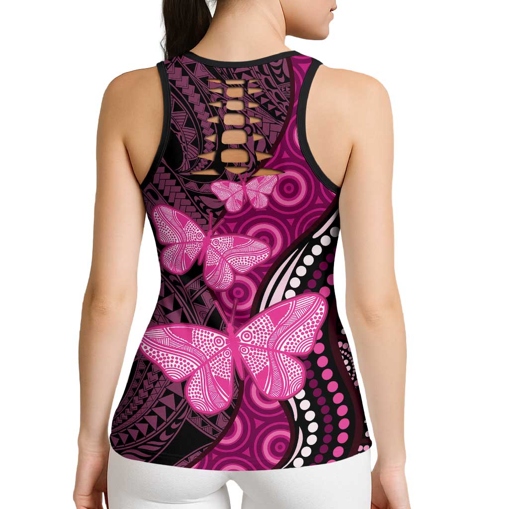 Think Pink Breast Cancer Awareness Australia Hollow Tank Top Butterfly Aboriginal Mix Polynesian Pattern - Aussie Hoodie