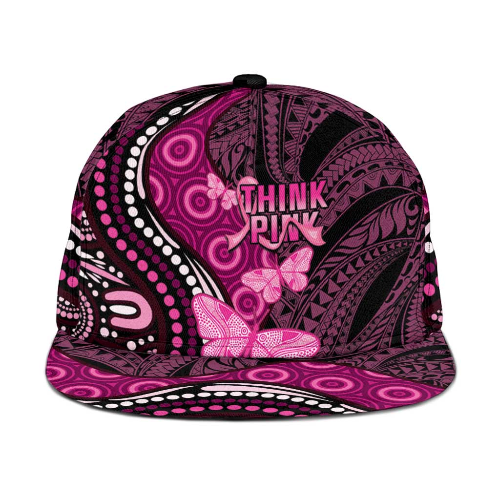 Think Pink Breast Cancer Awareness Australia Snapback Cap Butterfly Aboriginal Mix Polynesian Pattern - Aussie Hoodie