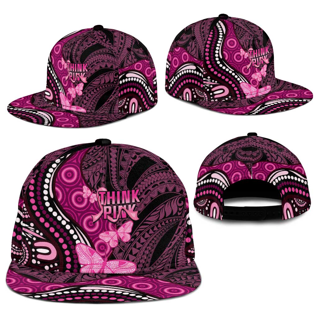 Think Pink Breast Cancer Awareness Australia Snapback Cap Butterfly Aboriginal Mix Polynesian Pattern - Aussie Hoodie