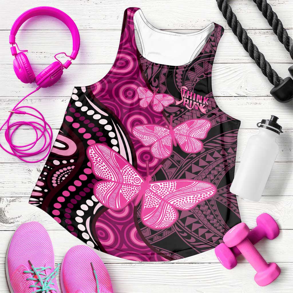 Think Pink Breast Cancer Awareness Australia Women Racerback Tank Butterfly Aboriginal Mix Polynesian Pattern - Aussie Hoodie