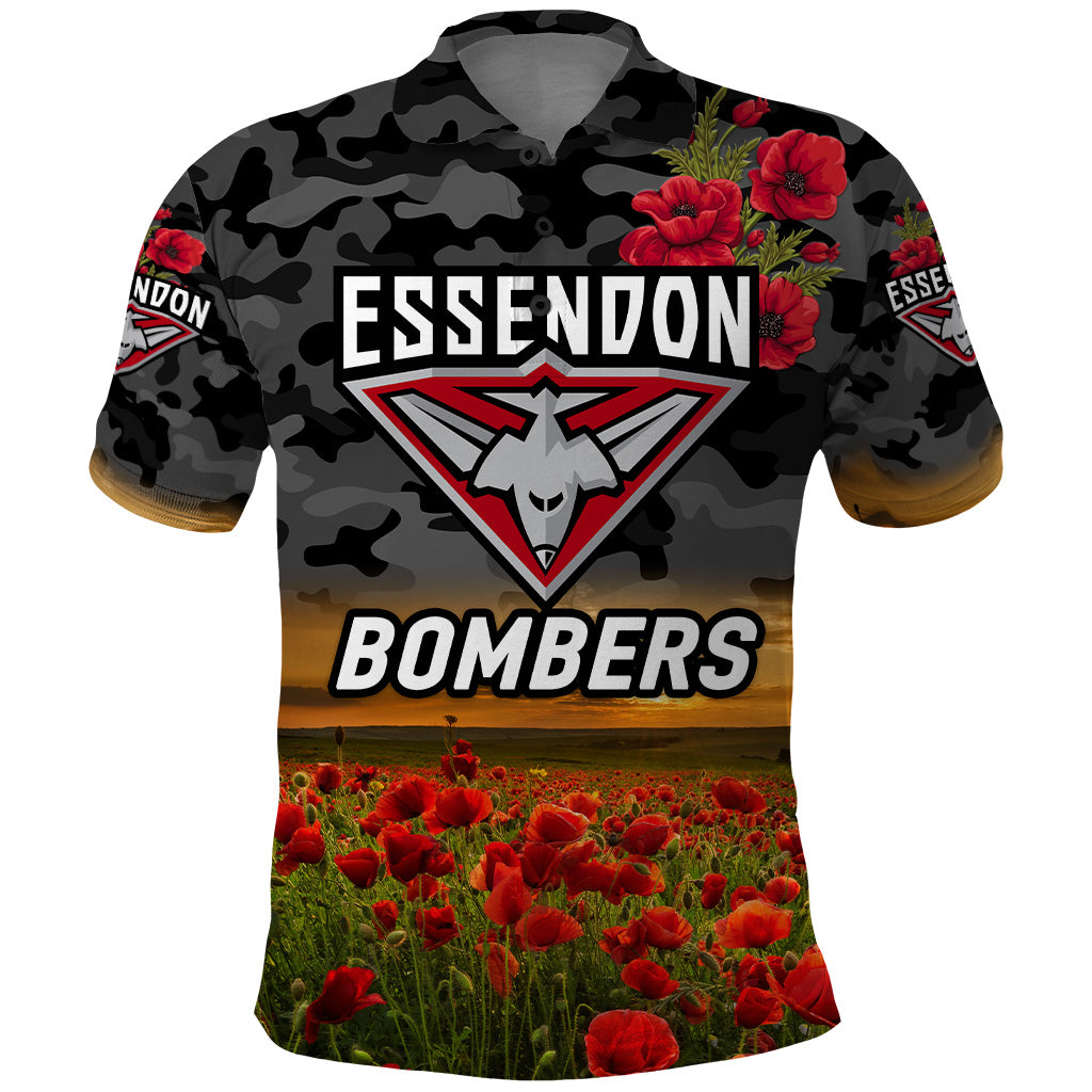 Essendon Bombers ANZAC Polo Shirt Poppy Vibes - Black LT8