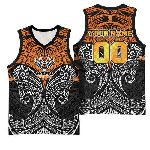 Personalized Wests Tigers Basketball Jersey Polynesian Tribal Pattern Style