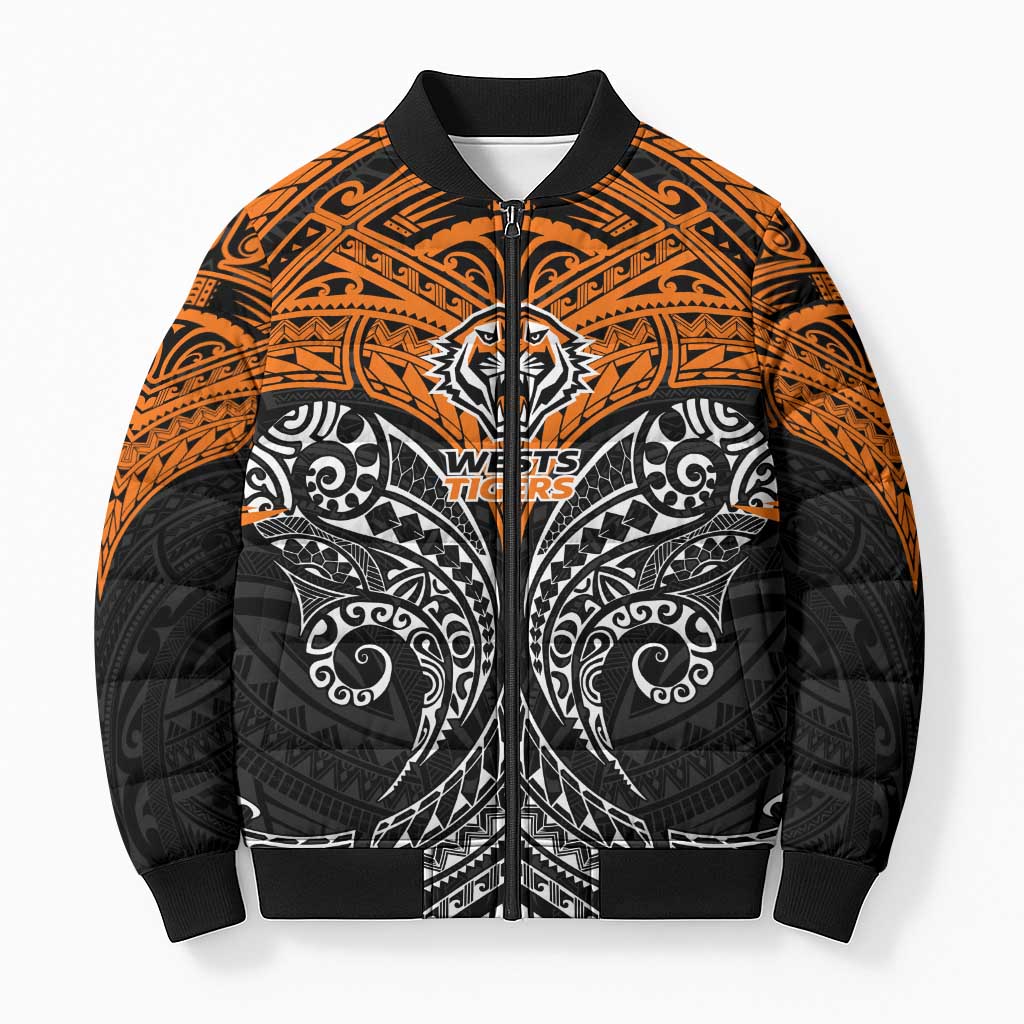 Personalized Wests Tigers Bomber Puffer Jacket Polynesian Tribal Pattern Style