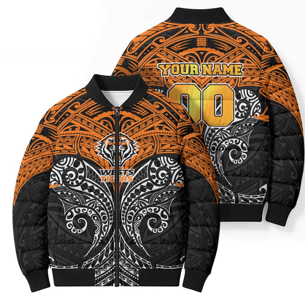 Personalized Wests Tigers Bomber Puffer Jacket Polynesian Tribal Pattern Style