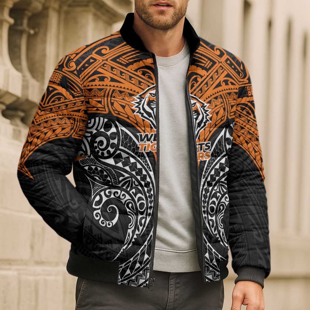 Personalized Wests Tigers Bomber Puffer Jacket Polynesian Tribal Pattern Style
