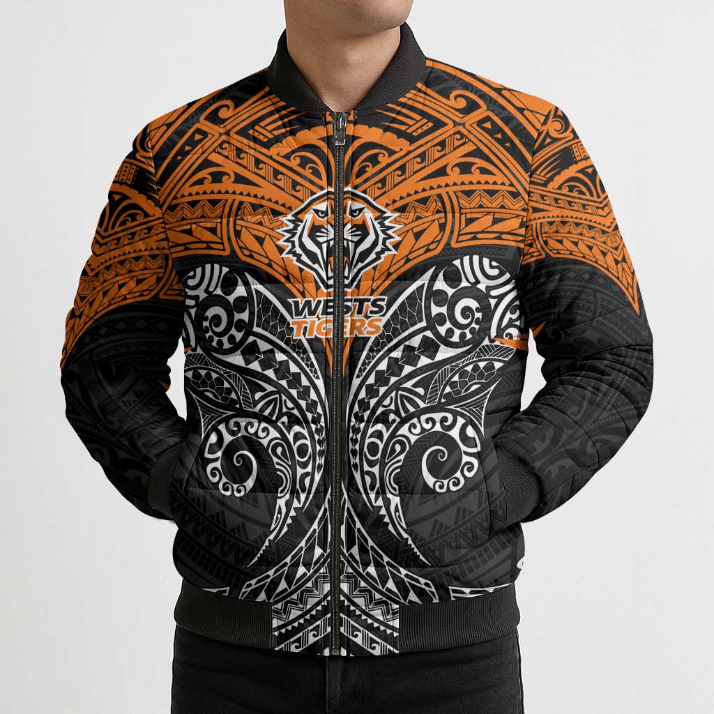 Personalized Wests Tigers Bomber Puffer Jacket Polynesian Tribal Pattern Style