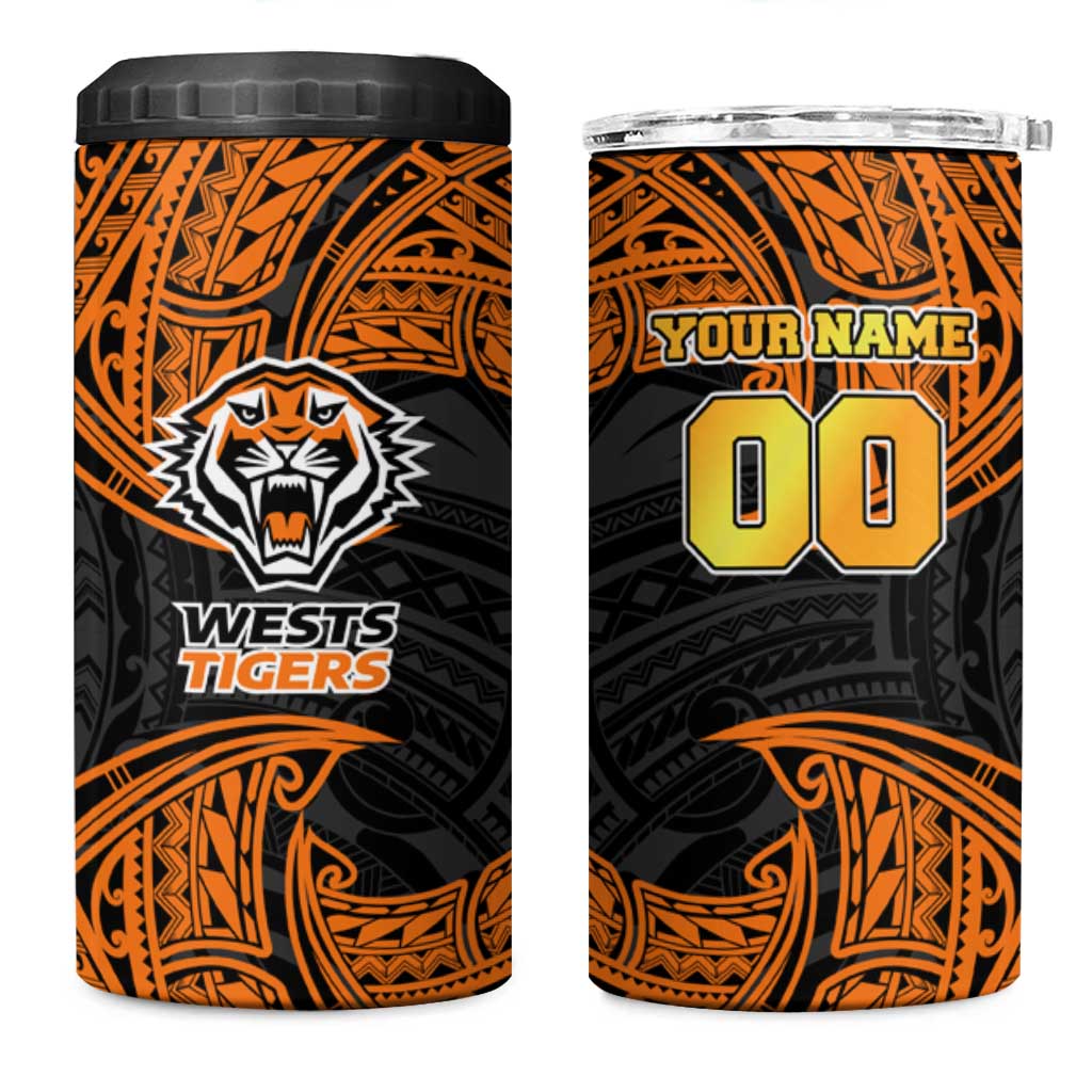 Personalized Wests Tigers 4 in 1 Can Cooler Tumbler Polynesian Tribal Pattern Style